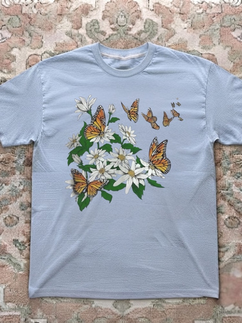 Monarch Butterflies White Flowers Nature Botanical Vintage Light Blue T-Shirt